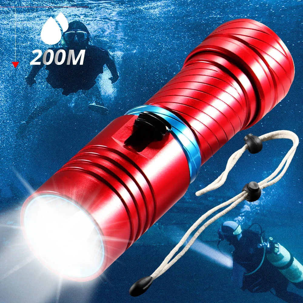 

Diving Flashlight L2 18650 26650 battery Portable Dive torch 200M Underwater Camping Stepless Dimming Waterproof USB Chargeable