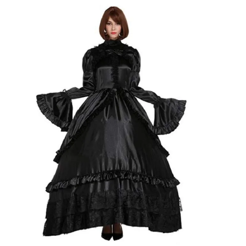 Sissy girl lockable gothic Lolita punk satin dress pseudo nymph big sleeve costume