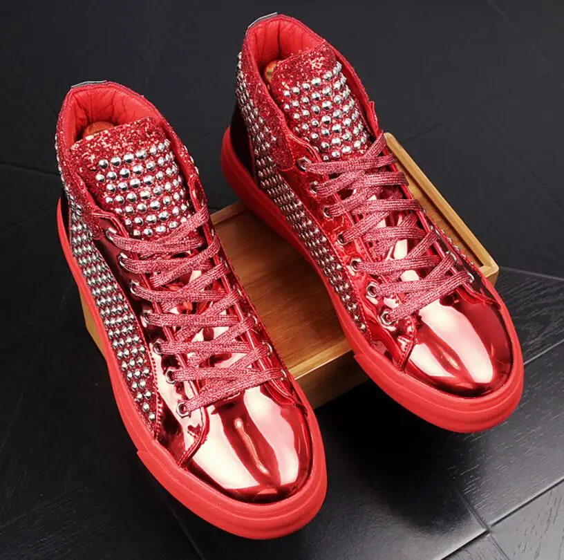 Beli Sneakers Modis Pria Sepatu Kasual Pria Mewah Sepatu Bot Pergelangan Kaki Berpaku Keling Bertatahkan Renda Fashion Atasan Tinggi