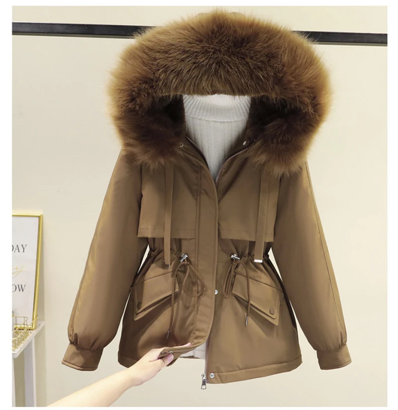 

Зимняя Большая Меховая куртка FAKUNTN на хлопковой подкладке, Размер 2XL, Женская свободная тонкая теплая парка с капюшоном, пальто, пуховик