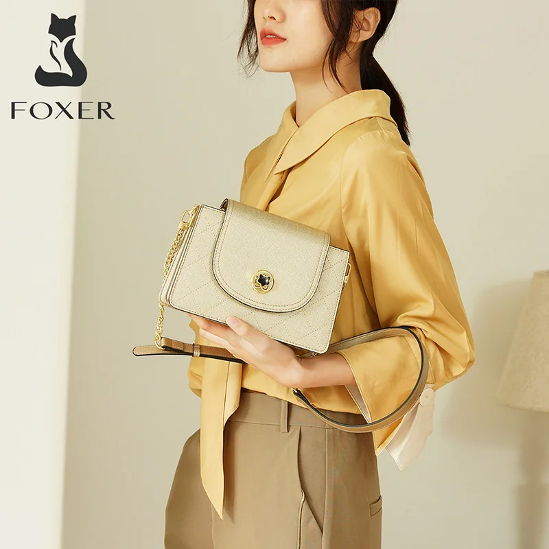 Женская сумка мессенджер FOXER золотистая вечерняя кожаная клатч с подмышками