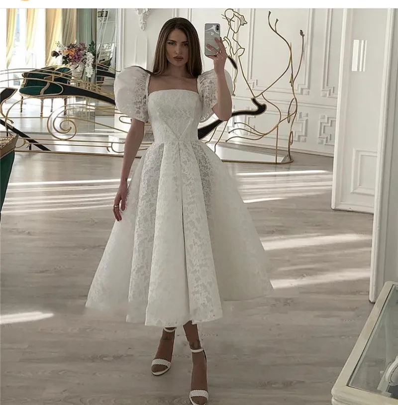 

Puffy Sleeves Wedding Dresses 2022 Tea Length Ruched Short Vestidos De Novia Zipper Back Lace Bride Formal Gowns