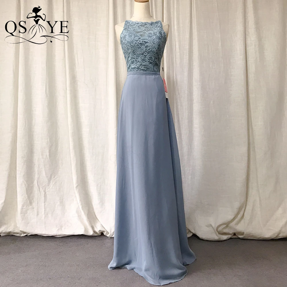 

Blue Grey Prom Dresses Halter Lace Open Low Back Evening Gown Chiffon A Line Girl Prom Tiny Belt Sash Bridesmaid Dress