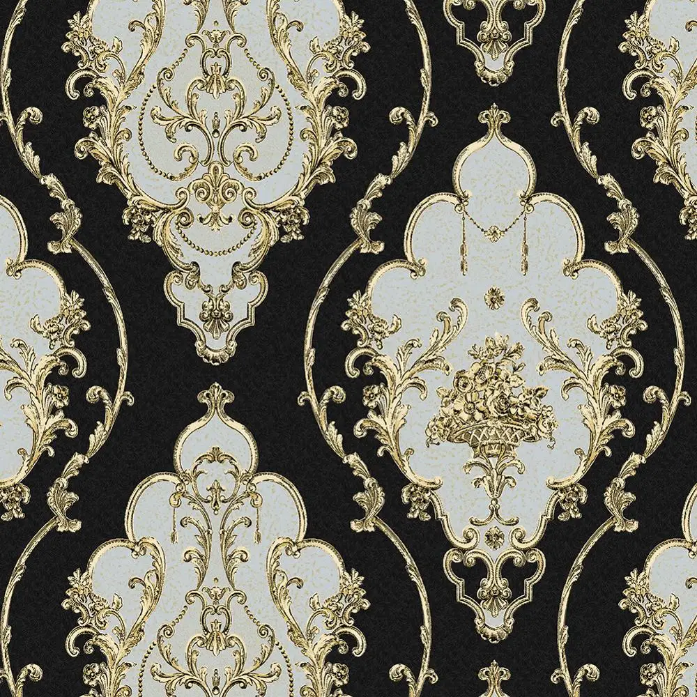 

European luxury retro black Damascus gilded PVC wallpaper living room background wall bedroom coffee shop wallpaper