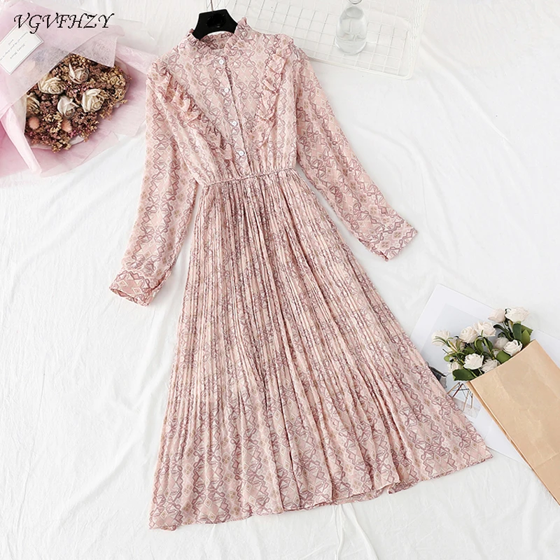 Платье женское с воротником-стойкой и оборками элегантное шифоновое