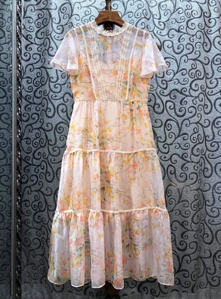 

Top Quality Designer Summer Dress 2020 Women Elegant Little Flower Print Appliques Lace Patchwork Short Sleeve Casual Sun Dress