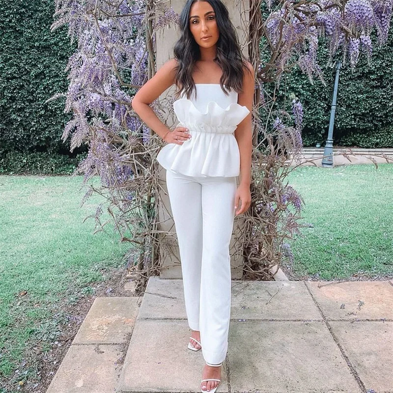 Элегантный белый женский бандажный комбинезон сексуальный без бретелек с