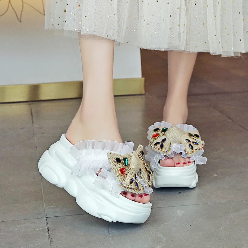 

Slippers Women Summer Increased Internal Female Shoes Platform Low Luxury Slides Butterfly-Knot 2021 Designer PU Butterfly-knot