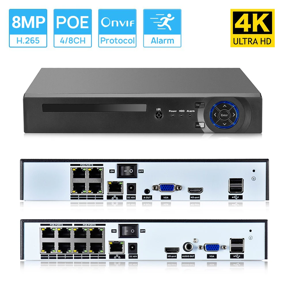 

4K Система охранного видеонаблюдения POE NVR 4CH/8CH 4K 8MP для IEEE802.3af 48V POE IP Camera Security System Xmeye удаленный доступ распознавание лица P2P H.265