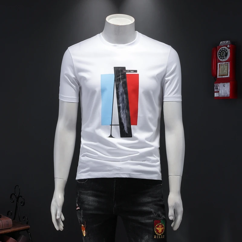 Мужская хлопковая футболка с короткими рукавами и круглым вырезом принтом лето