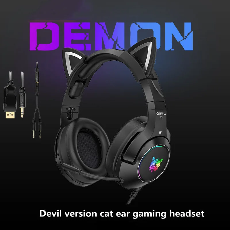 Игровые наушники с кошачьими ушами K9 black demon version микрофон RGB подсветка