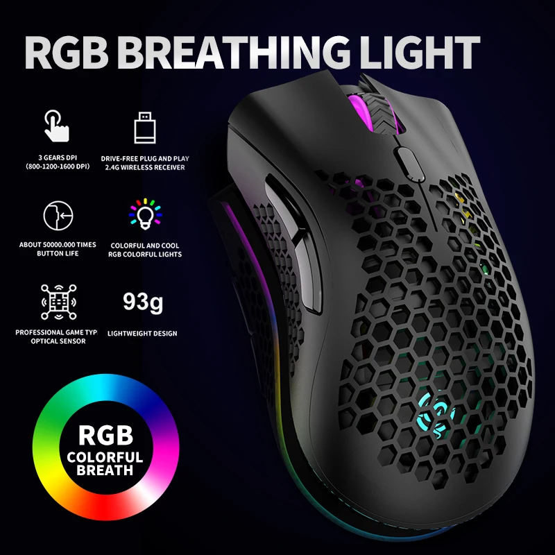 

2.4GHz Wireless Mouse 1600DPI USB Rechargeable Honeycomb RGB Optical Mouse For Laptop PC Dropshipping Gaming Mouse