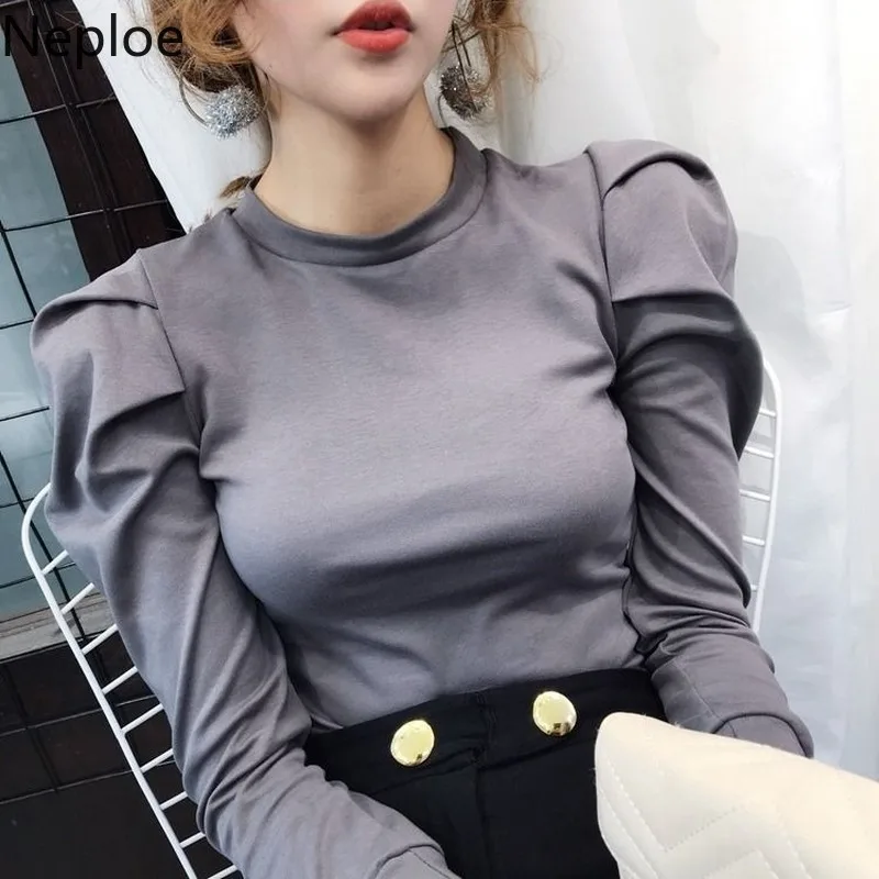 Neploe в Корейском стиле с круглым вырезом пуловер буфами на рукавах футболка