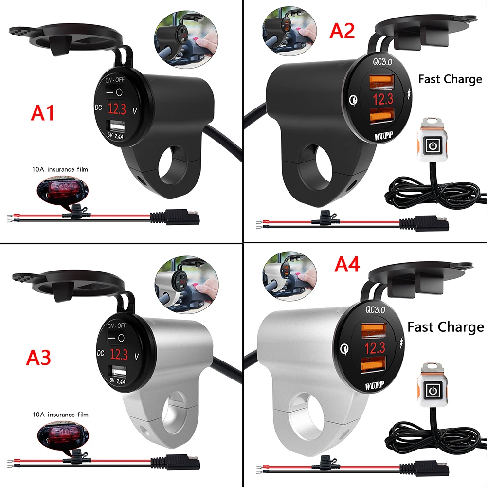 

12V Motorcycle Phone Charger Waterproof QC3.0 Dual USB 2.4A Super Fast Charge With Voltmeter Switch Line Apr1