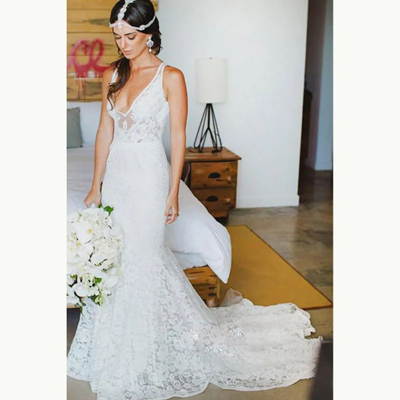 

High Quality White Mermaid Lace Sleeveless Bride Wedding Dresses Backless Deep V Neckline Bridal Gowns for Wedding Appliqued