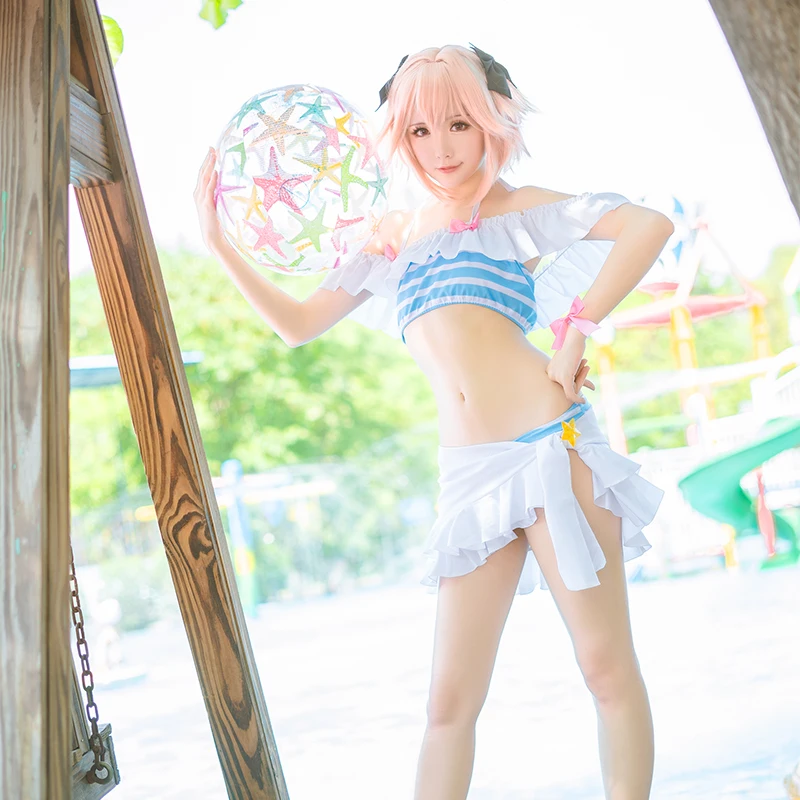 Fate Astolfo Cosplay Costume Game Apocrypha Swimsuit FGO Women Set Halter Neck Swimwear Suit |