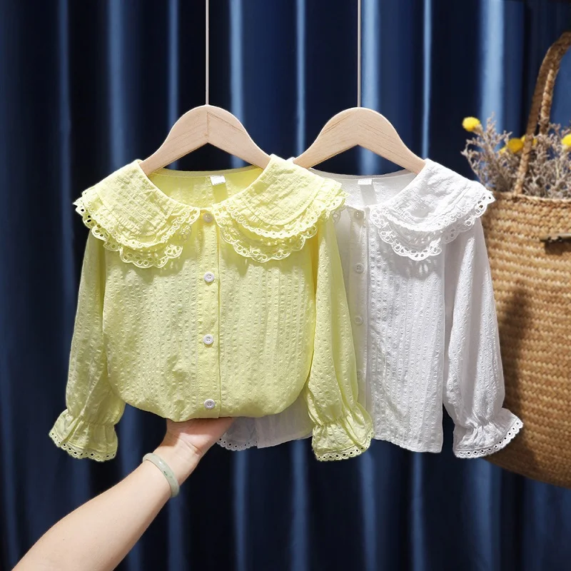 

Toddler Girls Blouse Baby Children Spring Clothing Fashion Infant Kids Shirt Flounce Cotton Tops Long Sleeve Peter Pan Collar