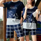 Осенняя Пижама для пар для мужчин и женщин, хлопковая ночная рубашка с мультяшным принтом медведя, тонкие шорты с коротким рукавом для домашнего использования