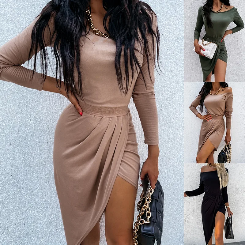 

Women's autumn and winter new round neck long sleeve slim dress