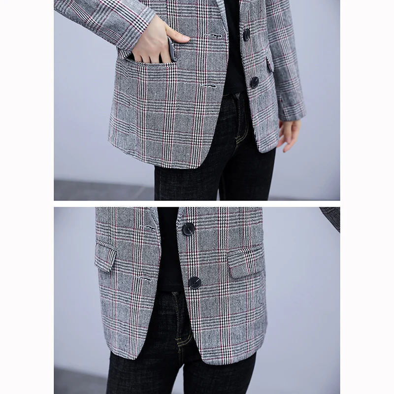 Fashion Fall Women Plaid Blazer Jackets Work Office Ladies Suit Vintage Single Breasted Pockets Business Female Blazer Coat New