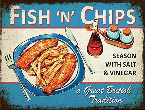

Kitchen Retro Decoration Metal Tin Logo Fish N Chips Season with Salt and Wvinedar Home Decoration Metal Plate 8x12 Inches