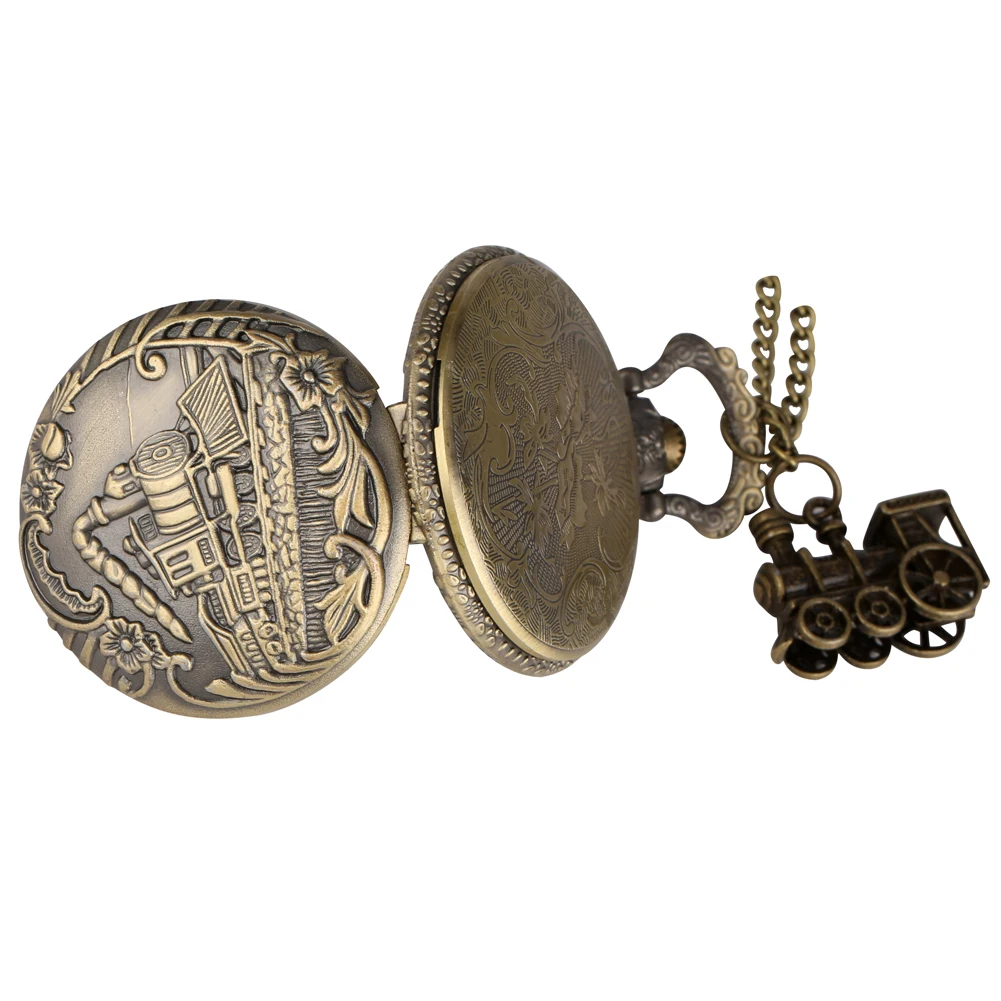 

Vintage Bronze Pocket Quartz Watch Train Design with Accessory Necklace Chain Pendant Watches Steampunk Clock Relogio De Bolso