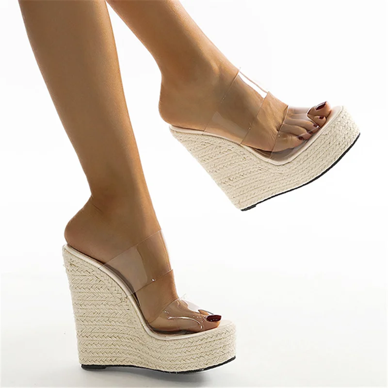 

Summer PVC Transparent Peep Toe Cane Straw Weave Platform Wedges Slippers Women Fashion Simplicity Style High Heels Zapatillas