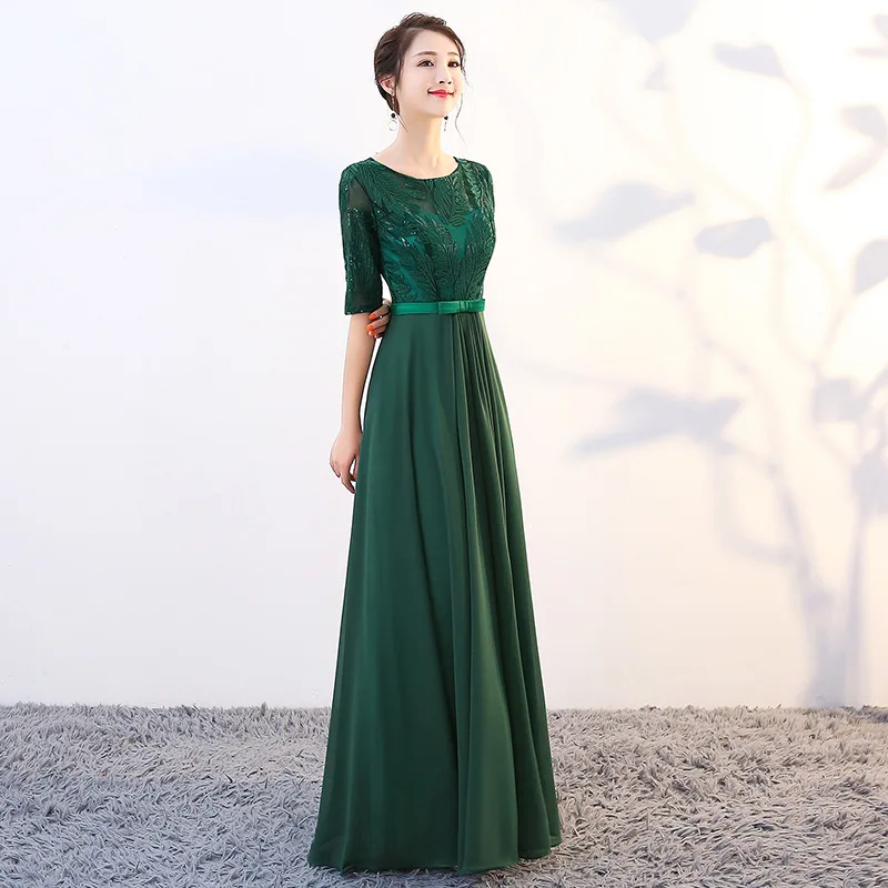 

Office Lady Exquisite Sequins Trim Banquet Gown Green Elegant O-Neck Formal Party Dress Leaf Embroidery Long Pleated Dresses