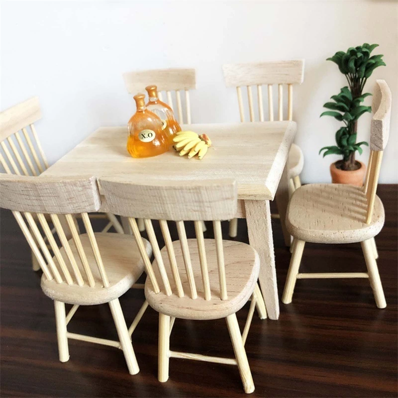 

Mini Furniture Simulation Wooden Table&4/6pcs Chairs Model for 1/12 Dollhouse