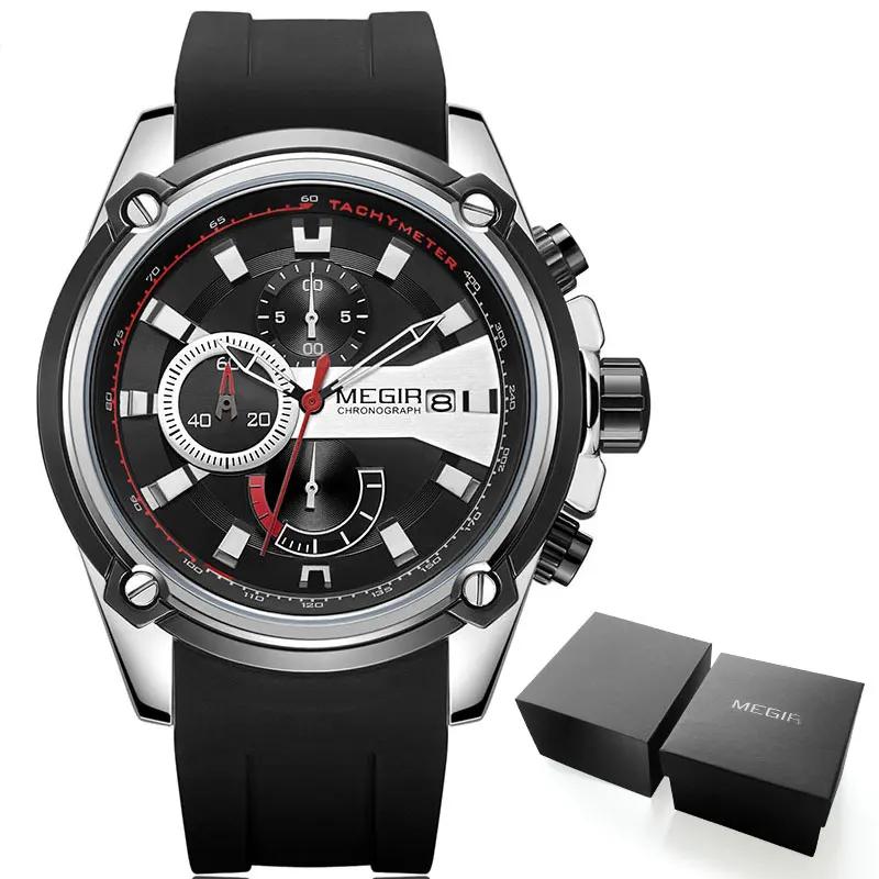 MN2086G-Silver Black MEGIR армейские спортивные кварцевые часы для мужчин черный силиконовый ремешок военный морской хронограф наручные часы для мужчин Relogios 2086 черный - Цвет: MN2086G-Silver Black