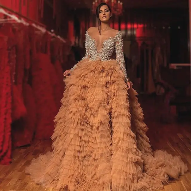 

Champagne Evening Dresses A-line V-neck Long Sleeves Tulle Beaded Dubai Saudi Arabia Long Prom Dress Gown Robe De Soiree