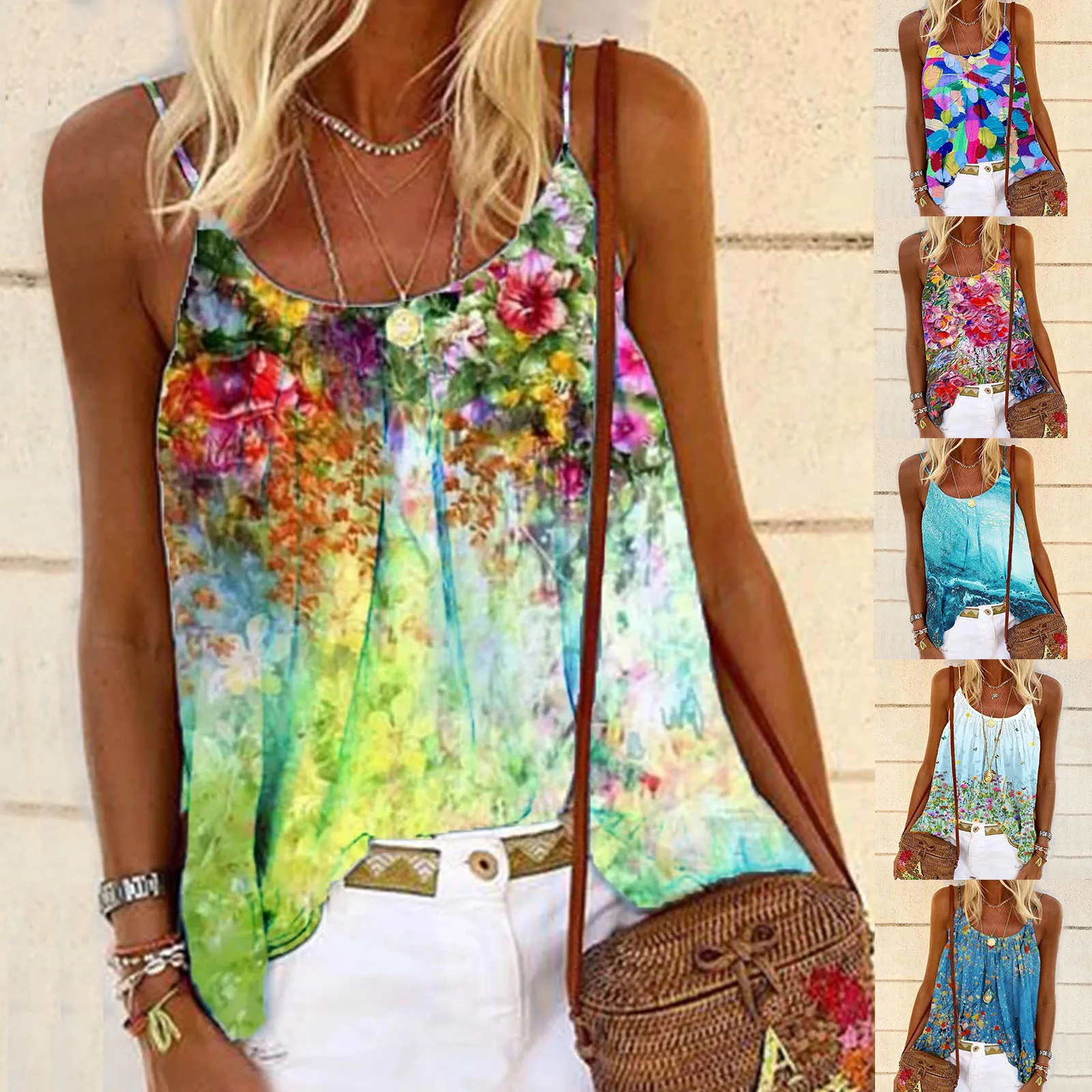 В Корейском стиле Хлопковые женские топы с принтом Топ без рукавов c бретелькой