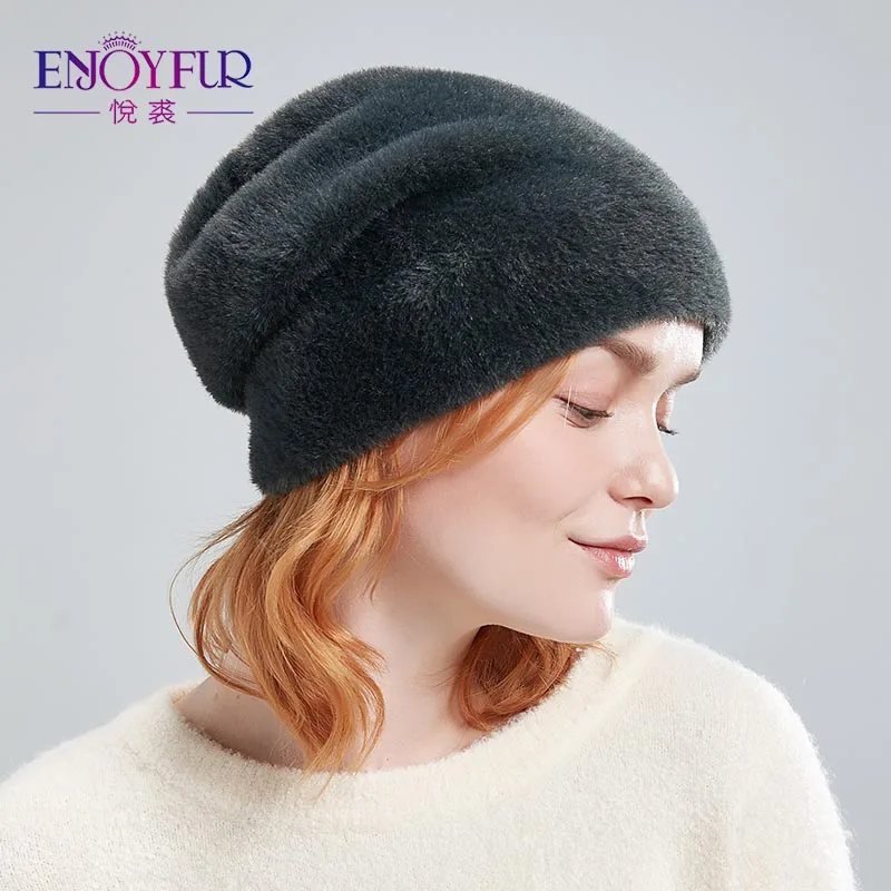 ENJOYFUR, женские шапки для зимы, имитация шерсти, толстые шапки для женщин, одноцветные, новые брендовые шапки с черепами - Цвет: 12