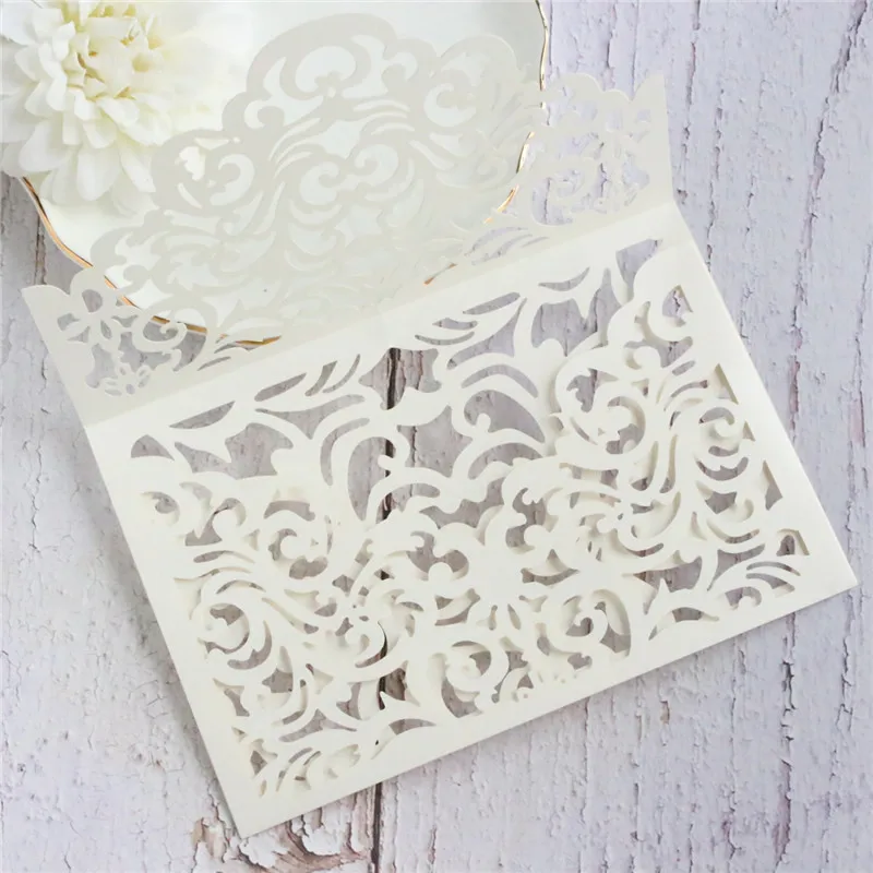 Слоновая кость лазерная резка свадебные приглашения Золотой блестящий конверт