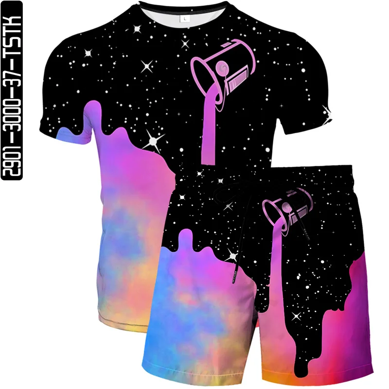 

2021 summer latest men's and women's 3D printed beach pants fashion boutique T-shirt set colorful starry sky elements