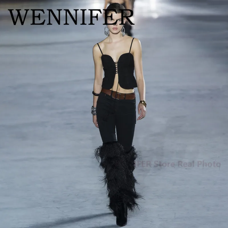 

2021 Ostrich Feather Knee High Women Boot Pointy Cross Straps Tassel Side Zipper Suede Boot Runway Lady Long Booties Botas Mujer