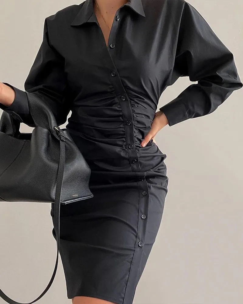 

2021 women's button solid color pleated shirt dress