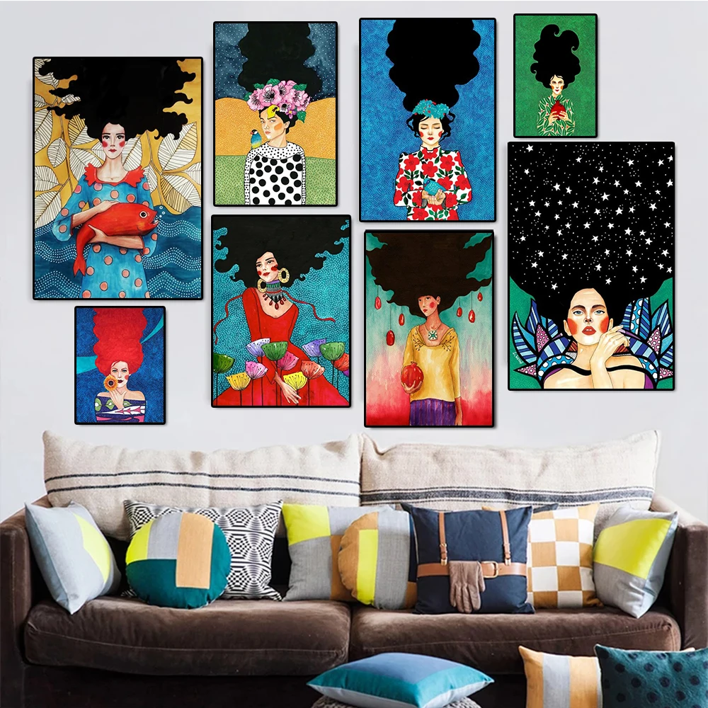 

Modern Stick Figure Decor Abstract Cartoon Flower Long Hair Girl Colorful Nordic Wall Art Canvas Painting Posters Anime Decor