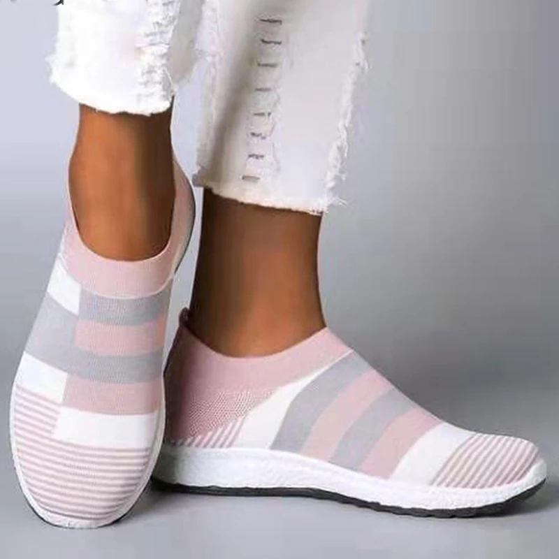 Women's Casual Vulcanized Shoes Woman Mesh Sneakers Women Knitted Flat Ladies Slip On Female Footwear Size 42 Feminino Zapatos | Обувь