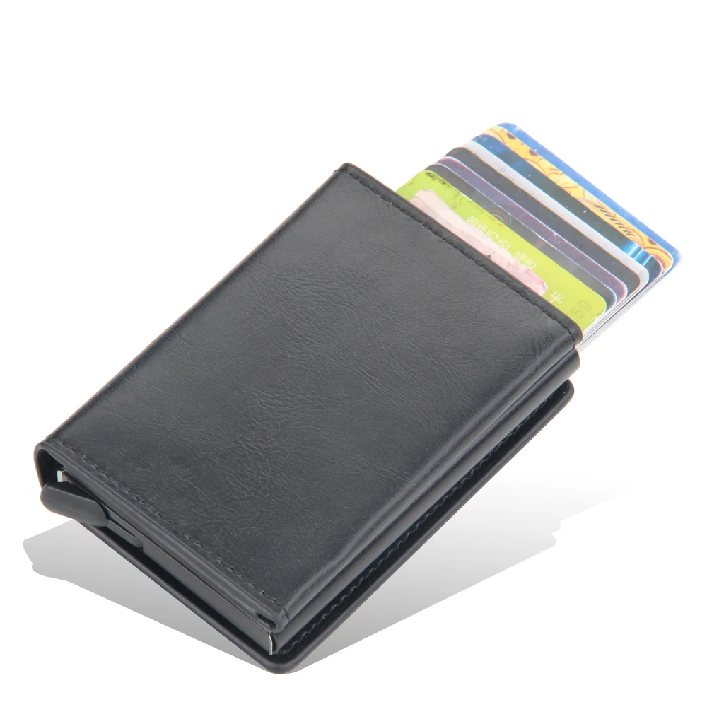 

2021 RFID Credit Card Holder Wallet Men Women Solid Leather Aluminium Box Automatically Pops Up Cardholder with Magnetic Button