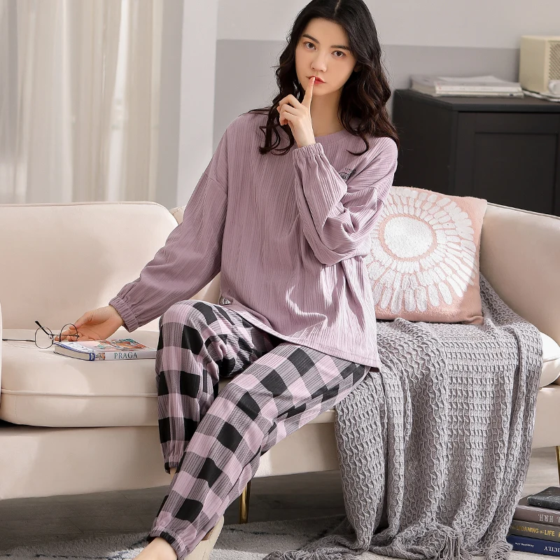 

High Quality 100%Cotton Pajamas Set Long Sleeve Top + Long Pant Sleepwear Casual Leisure HomeWear