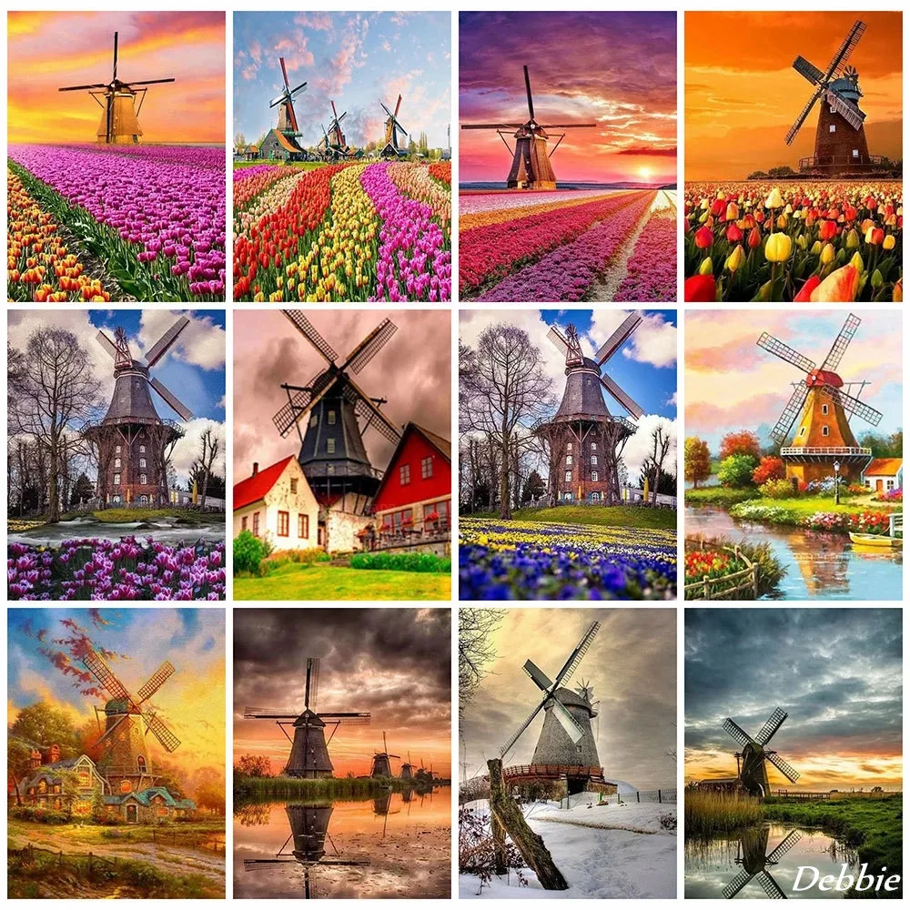 

Алмазная живопись с полным заполнением, алмазная 5D Вышивка «сделай сам» с изображением цветов, ветряной мельницы, мозаика, Декор для дома, п...