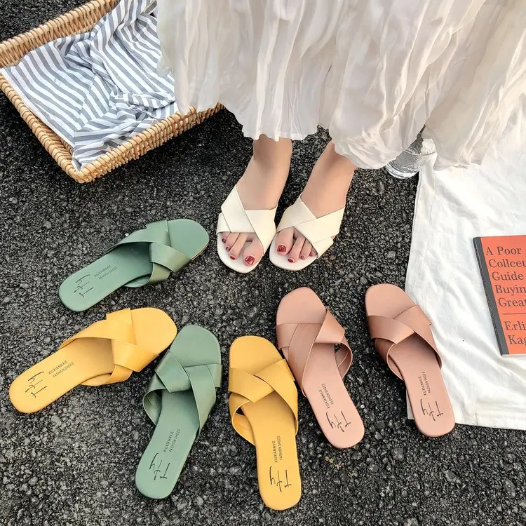 

Women's Slippers Female Wear 2020 Summer All-match Cross Flat Slippers Ins Trendy Shoes Elastic Flat Female Casual Shoes