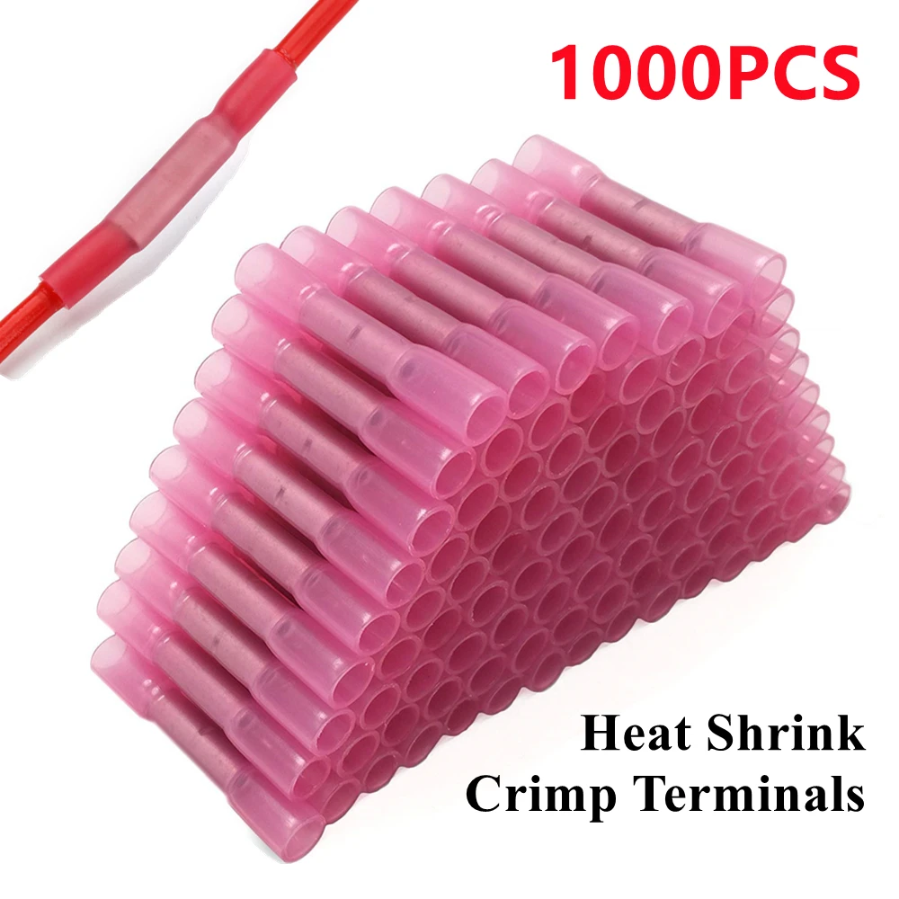 

500/1000PCS Red Electrical Wire Terminal Heat Shrink Butt Crimp Terminals Waterproof Insulated Seal Wire Connectors 22-18 AWG
