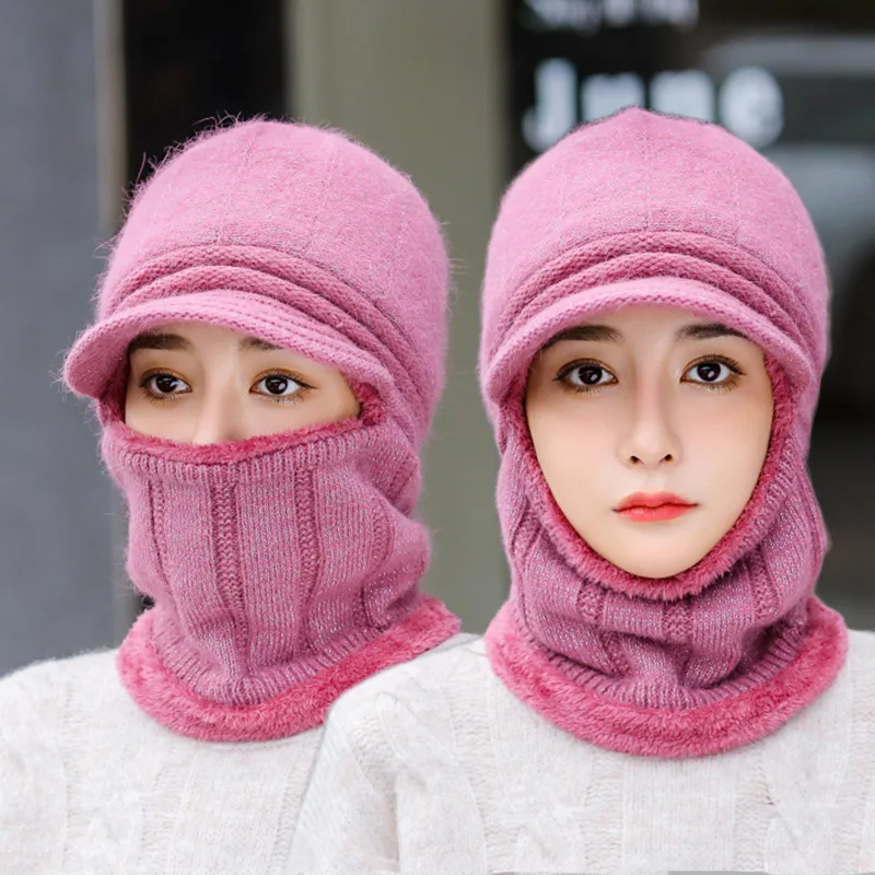 

Шапка из кроличьего меха, женская вязаная шапка с флисовой подкладкой, шарф, зимняя шапка-бомбер, шейный платок, бархатная женская теплая ша...