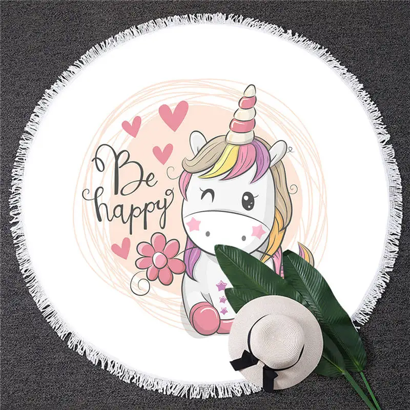 Unicorn 16 BlessLiving круглое пляжное полотенце с единорогом, Радужное детское белое банное полотенце с кисточкой, микрофибра, 150 см, цветное одеяло - Цвет: Unicorn 16