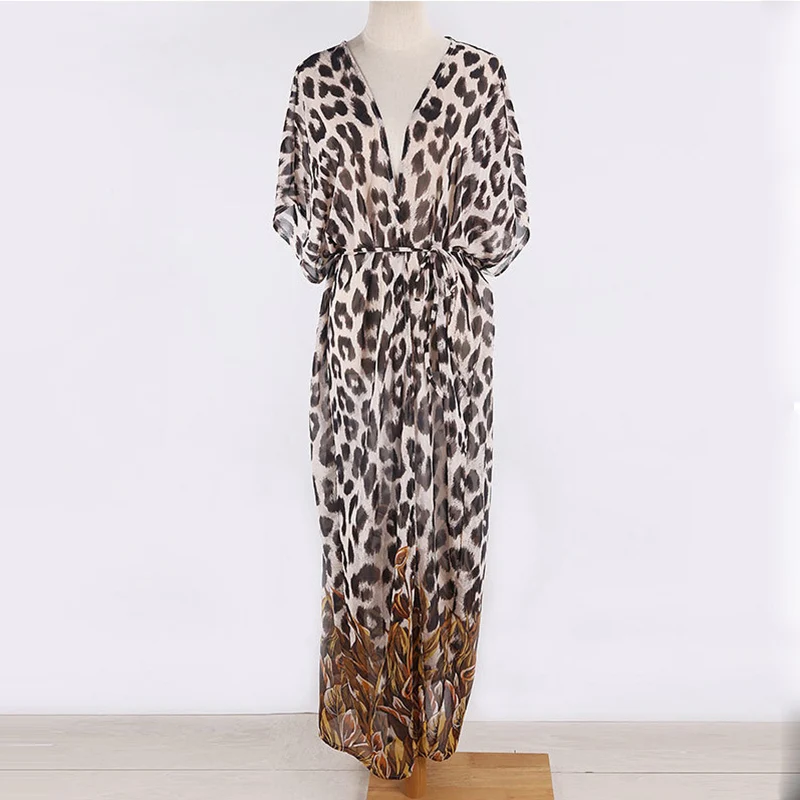 ingaga leopard long beach dress sexy cardigan womens swimsuit 2021 cover up half sleeve swimwear women belted bathing suit free global shipping
