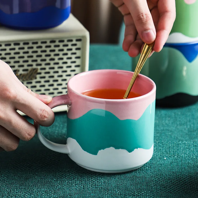 

Nordic cute painted ceramic teacup milk coffee juice cup retro insulated reusable water cup with handle