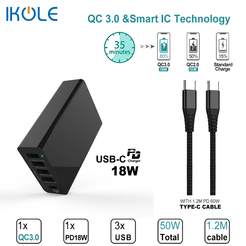IKOLE PD18 + QC3.0 18 Вт многопортовое зарядное устройство 50 в общей сложности Быстрая