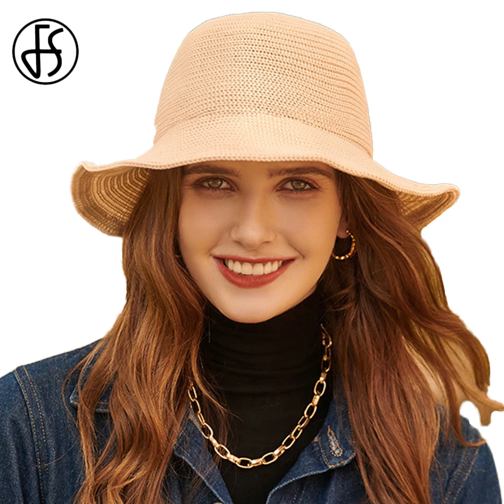 

FS Knitted Crochet Hollow Out Women Basin Hats Furry Fedora Hat Foldable Bucket Cap Ladies Cloche Bowler Church Caps Sunshade